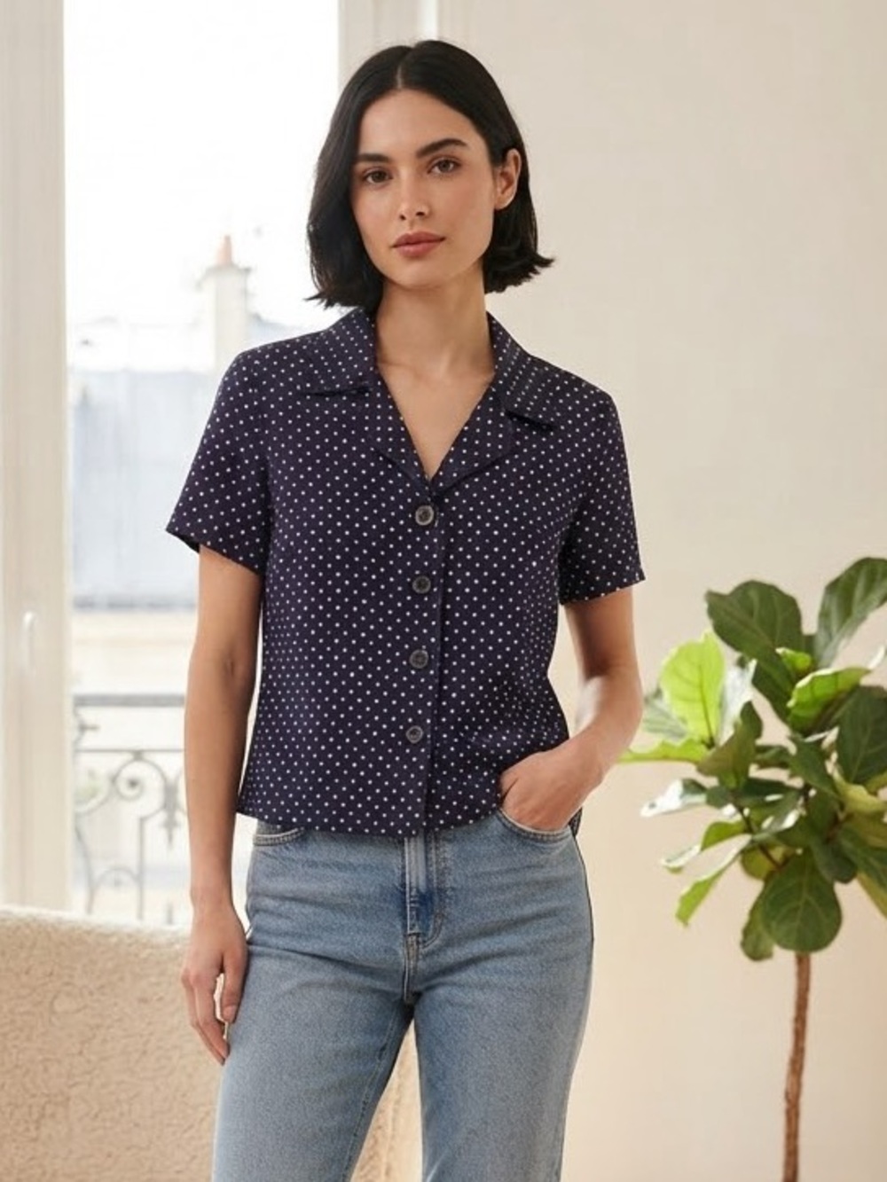 Take 50% OFF-Leslie Fay Navy Button-Up Short Sleeve Star Print Top, Size-10